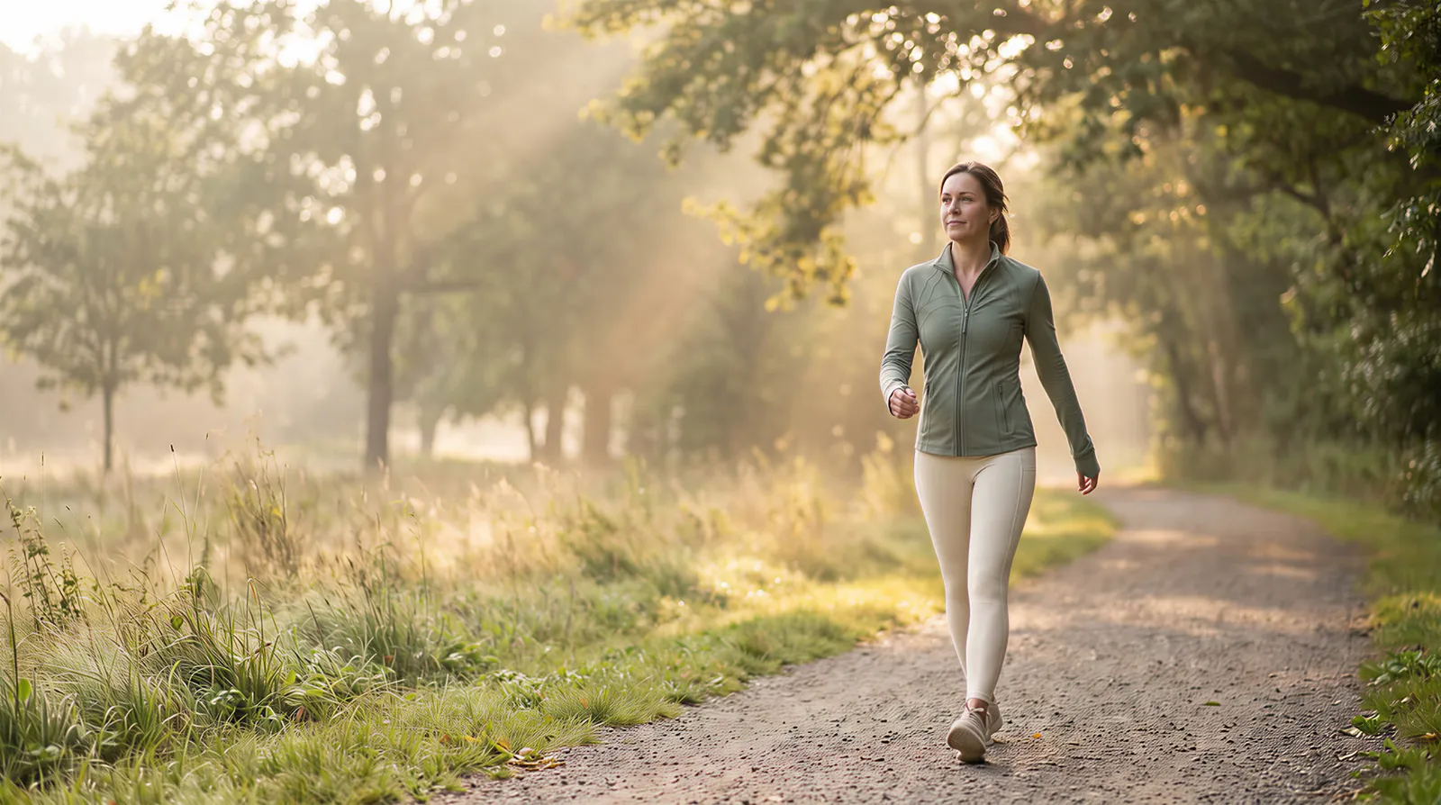 Woman walking briskly along a park path in morning light