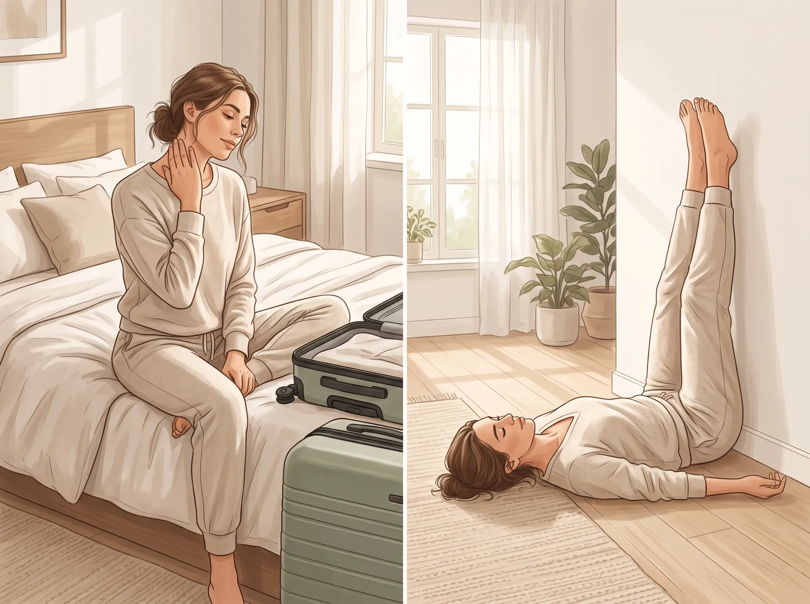 Post-flight routine: neck and face seated, then legs up the wall