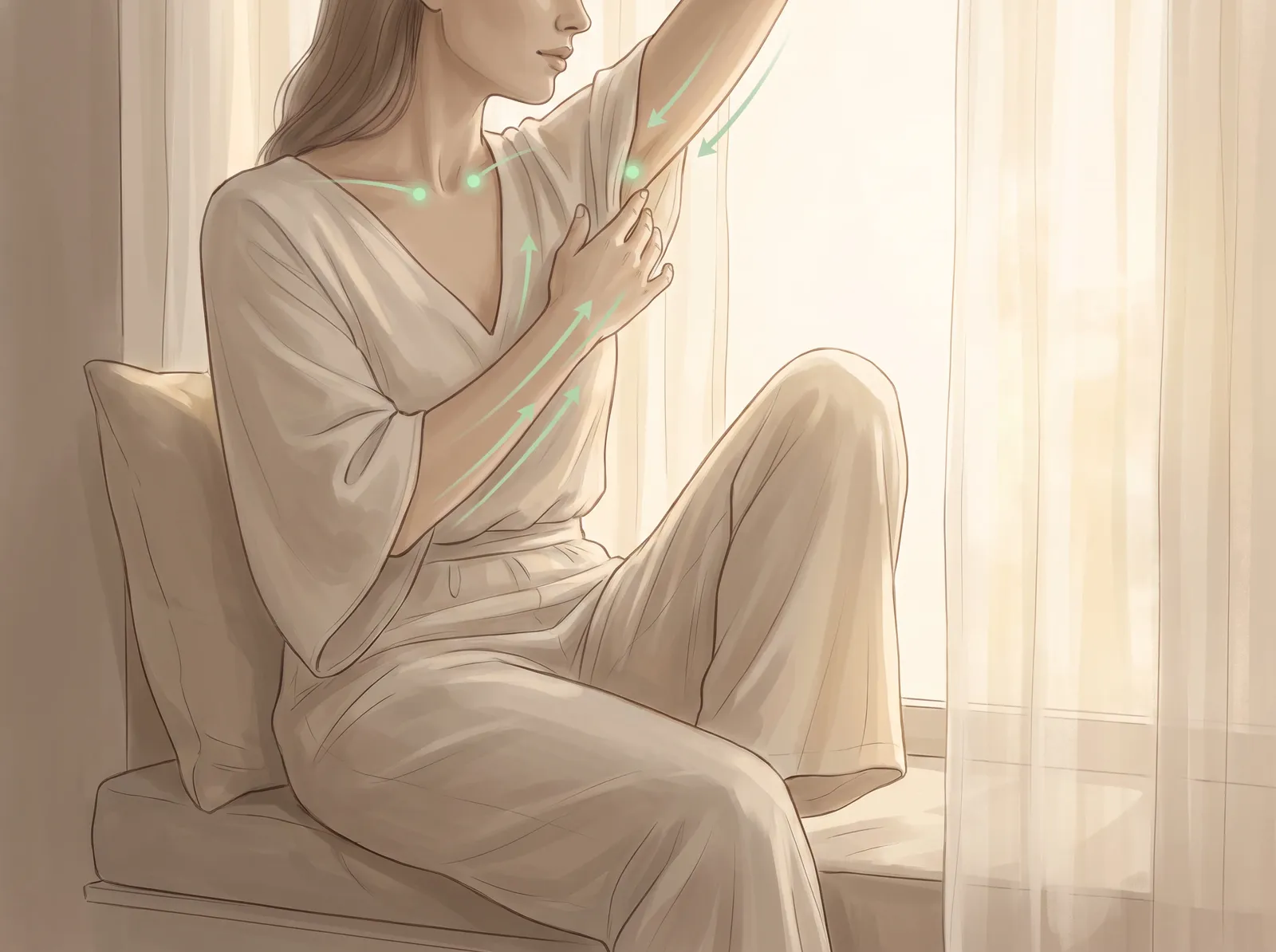 Arm lymphatic drainage: collarbone pumps, armpit pumps, then upper arm, forearm and hand stroked toward the armpit