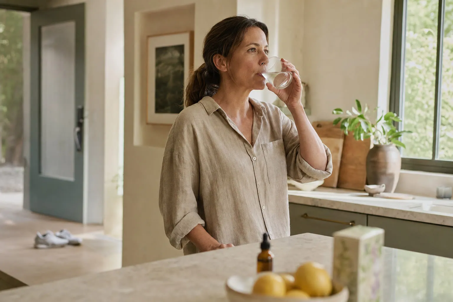 Woman drinking a glass of water at a kitchen counter after a morning walk, walking shoes by the door, a dropper bottle and box of tea pushed aside