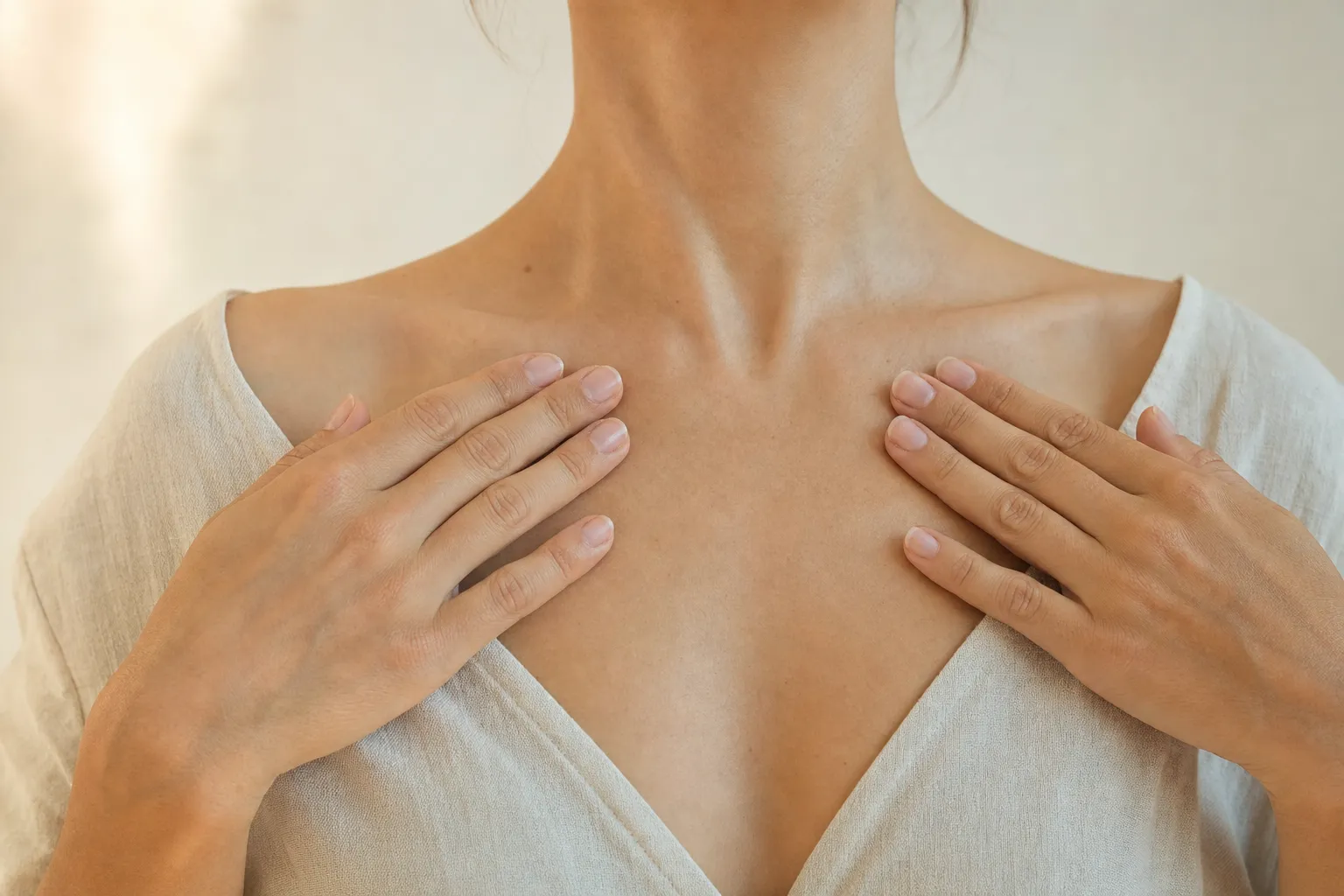 Close-up of a woman resting both hands flat on her upper chest just below the collarbones in soft daylight, the starting position of a lymphatic drainage routine