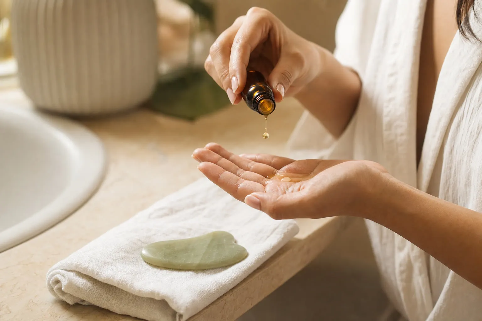 Woman's hands pouring a few drops of light golden oil from an amber dropper bottle into her palm, jade gua sha stone on a linen towel beside her