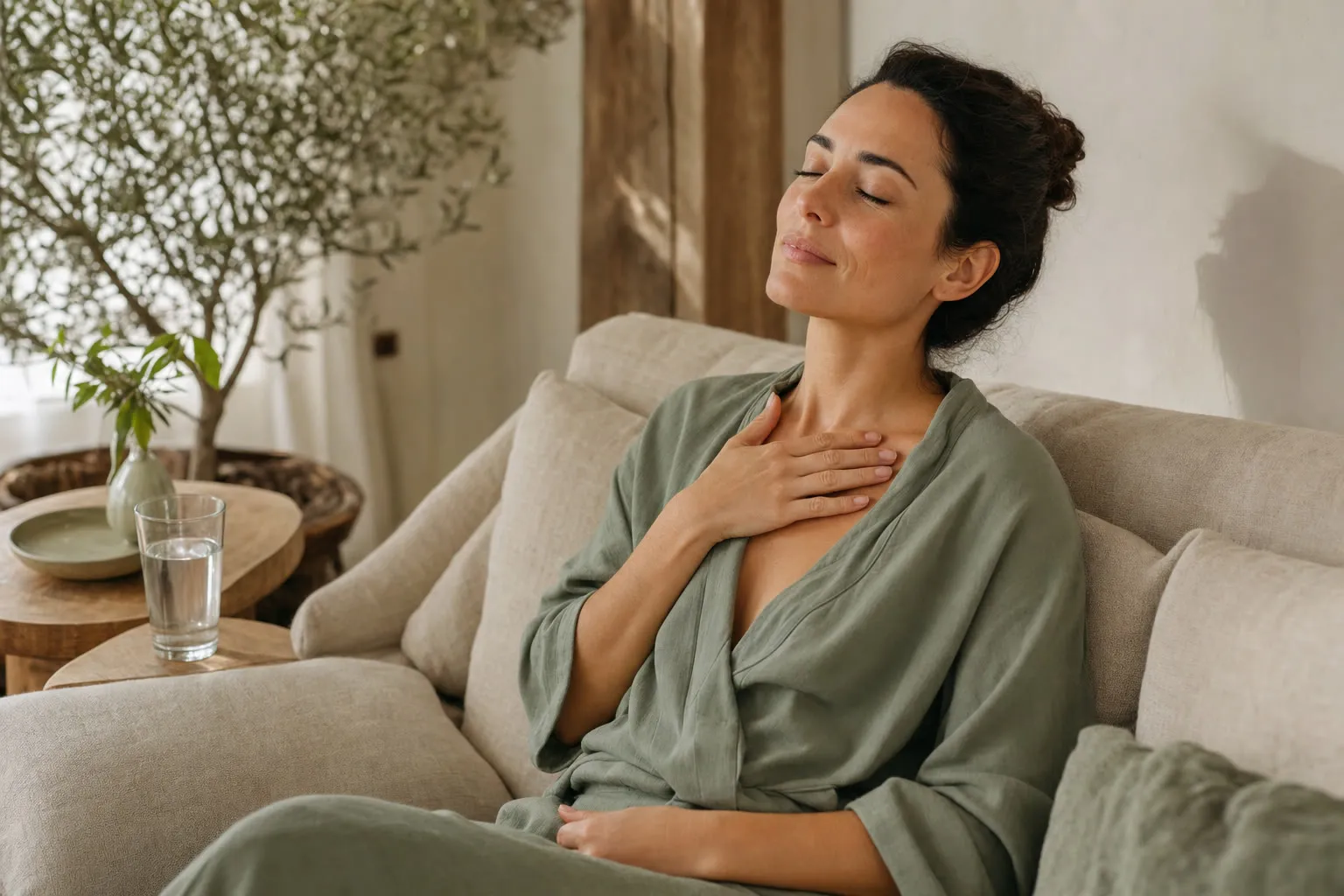 Woman resting on a sofa after a lymphatic drainage session, hand on her collarbone, glass of water beside her