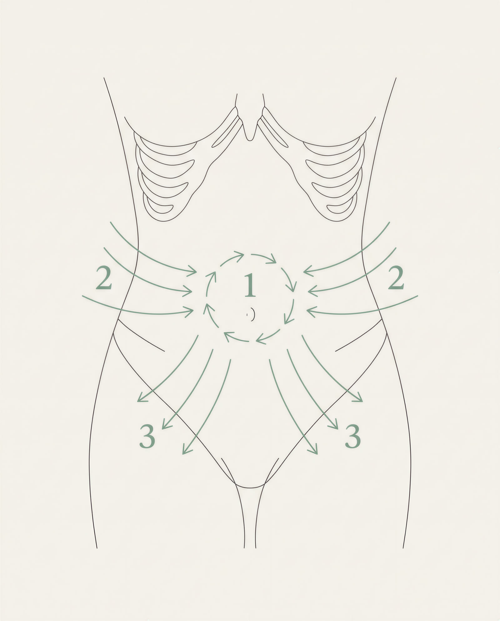 Stomach lymphatic drainage: clockwise circles around the navel, sides toward the navel, down to the groin