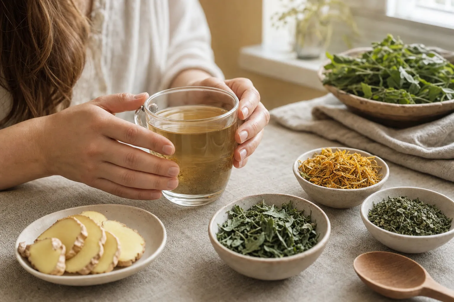 Woman's hands holding a glass cup of pale golden herbal tea on a beige linen counter, small ceramic bowls of dried dandelion leaf, calendula petals, nettle and fresh ginger slices beside it in soft morning light