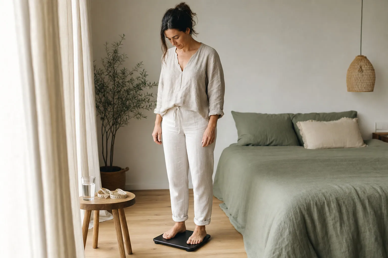 Woman in a beige linen top standing barefoot on a plain bathroom scale in a calm bedroom, a tape measure and glass of water on a wooden stool beside her, soft morning light